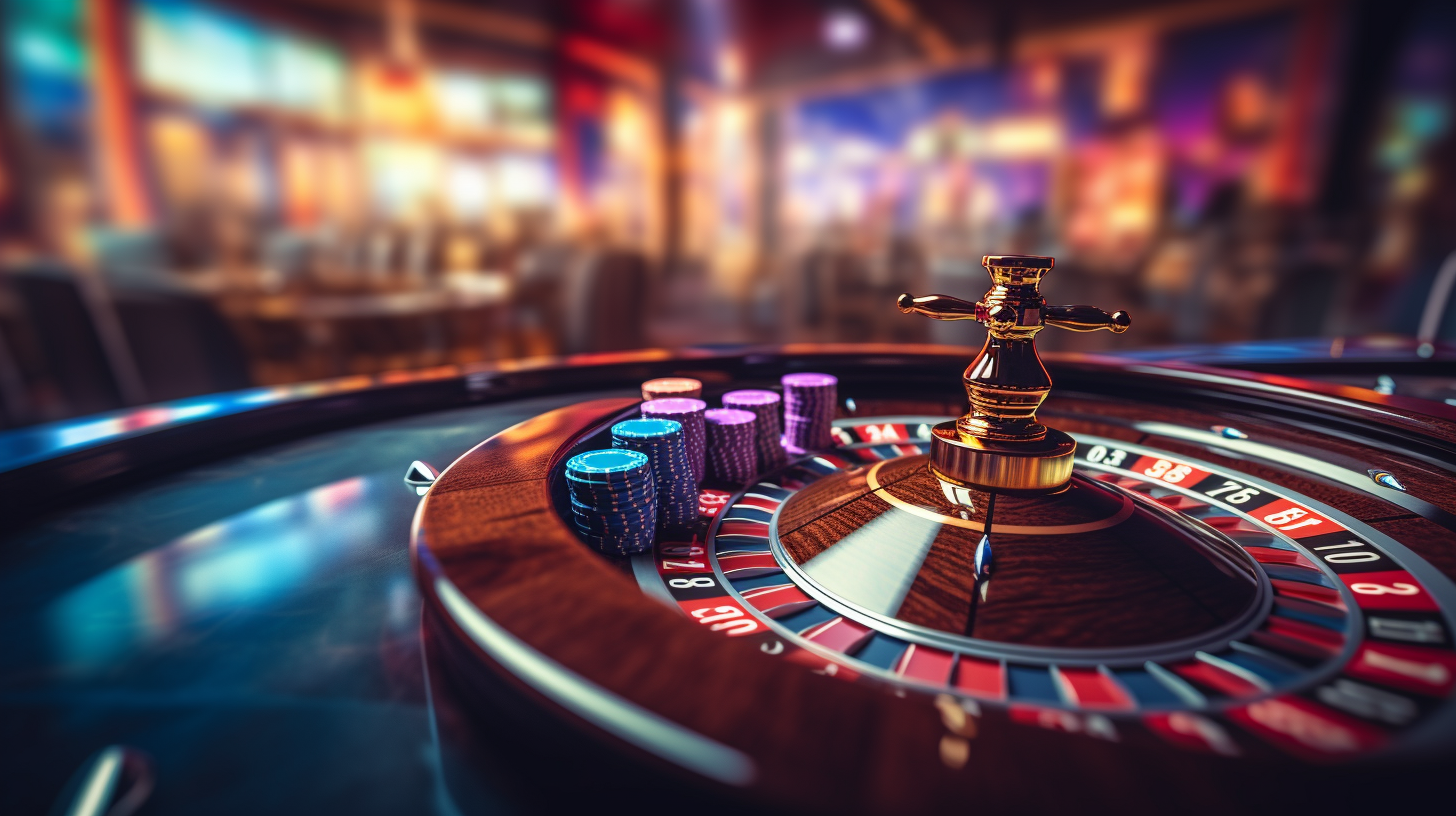 Casino chips on a roulette wheel.