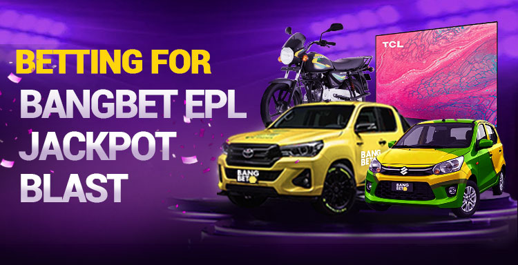 Promotional banner for BangBet EPL Jackpot Blast showing cars, bright purple background, and jackpot betting highlights.